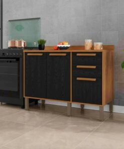 Balcão Flórida Larg. 1.20m Cinamomo/Preto 3 Portas 2 Gavetas Sallêto