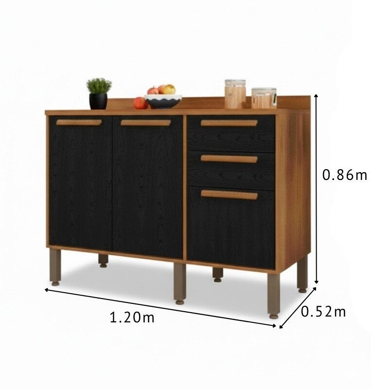 Balcão Flórida Larg. 1.20m Cinamomo/Preto 3 Portas 2 Gavetas Sallêto - Imagem 3