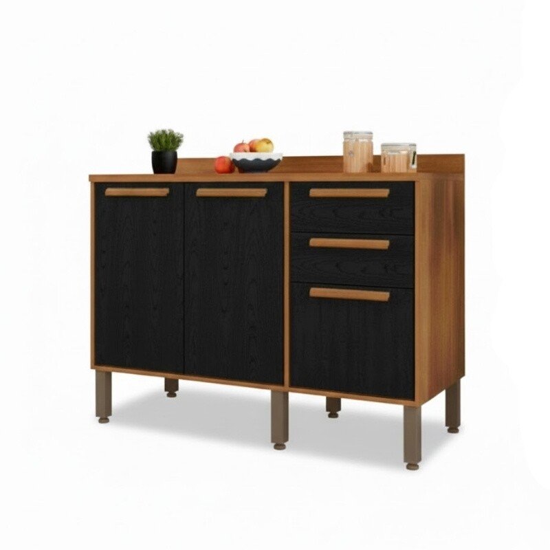 Balcão Flórida Larg. 1.20m Cinamomo/Preto 3 Portas 2 Gavetas Sallêto - Imagem 4