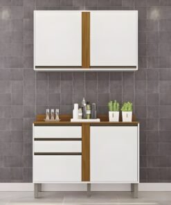 Balcão Pérola Branco/Cinamomo 2 Portas e 2 Gavetas Larg 1.20m + Aéreo Pérola 2 Portas Branco/Cinamomo Larg. 1.20m - Sallêto