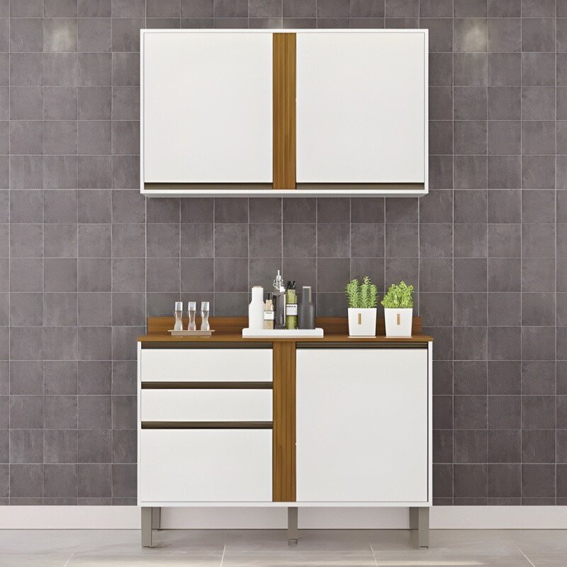 Balcão Pérola Branco/Cinamomo 2 Portas e 2 Gavetas Larg 1.20m + Aéreo Pérola 2 Portas Branco/Cinamomo Larg. 1.20m - Sallêto