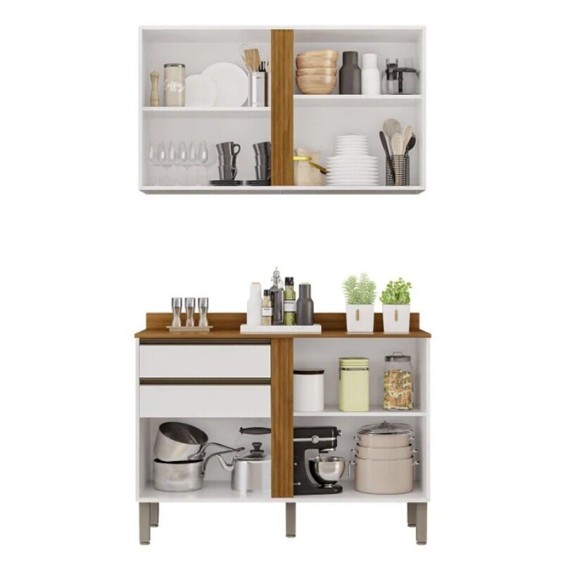 Balcão Pérola Branco/Cinamomo 2 Portas e 2 Gavetas Larg 1.20m + Aéreo Pérola 2 Portas Branco/Cinamomo Larg. 1.20m - Sallêto - Imagem 2
