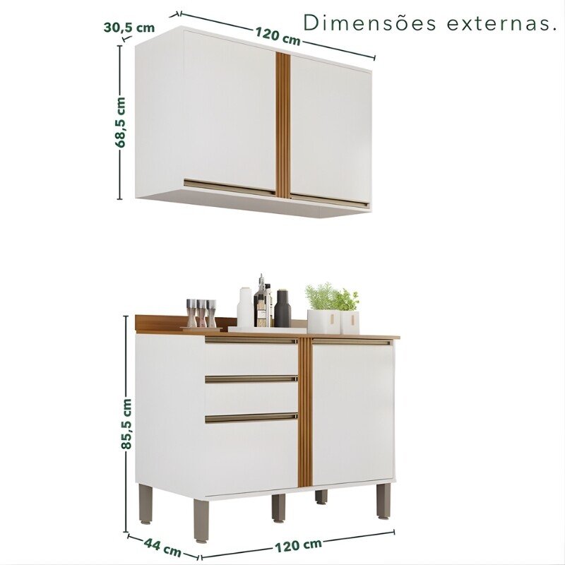 Balcão Pérola Branco/Cinamomo 2 Portas e 2 Gavetas Larg 1.20m + Aéreo Pérola 2 Portas Branco/Cinamomo Larg. 1.20m - Sallêto - Imagem 4