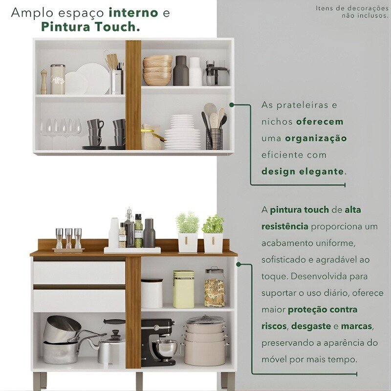 Balcão Pérola Branco/Cinamomo 2 Portas e 2 Gavetas Larg 1.20m + Aéreo Pérola 2 Portas Branco/Cinamomo Larg. 1.20m - Sallêto - Imagem 6