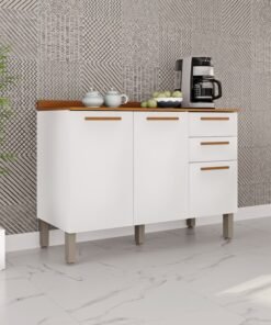 Balcão para Cozinha New Valência Branco/Cinamomo 3 Portas 2 Gavetas Larg. 1.20m - Sallêto