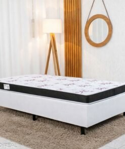 Box Solteiro Korino Branca Ortobel + Colchão Solteiro Soffie Lotus 88x188x49 D20 Borda Preta Det. Vermelho - Nosso Sonho