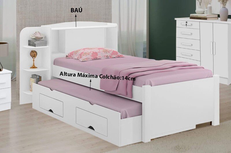 Combo - Roupeiro Merídian 2 Pts Branco + Cômoda Firenze Branco + Cama Milênio Branca + Cama Auxiliar 2 Gavetas Branca - D Doro - Imagem 7