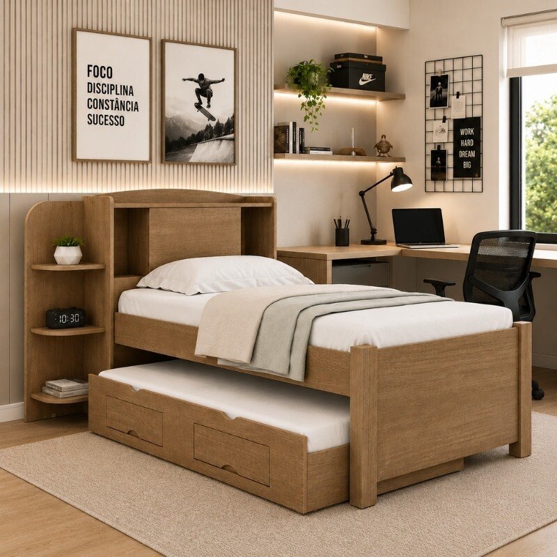 Cama Solteiro Milênio + Cama Auxiliar Solteiro 2 Gavetas Castanho - D Doro - Imagem 2