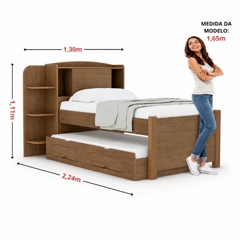 Cama Solteiro Milênio + Cama Auxiliar Solteiro 2 Gavetas Castanho - D Doro - Imagem 3