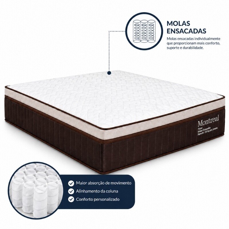 Colchão Casal Montreal 138x188x32 Molas Ensacadas - Viero + Base Box Casal Universal Marrom Bordado - Gazin 138x188x79 | Suporta até 260kg - Imagem 14