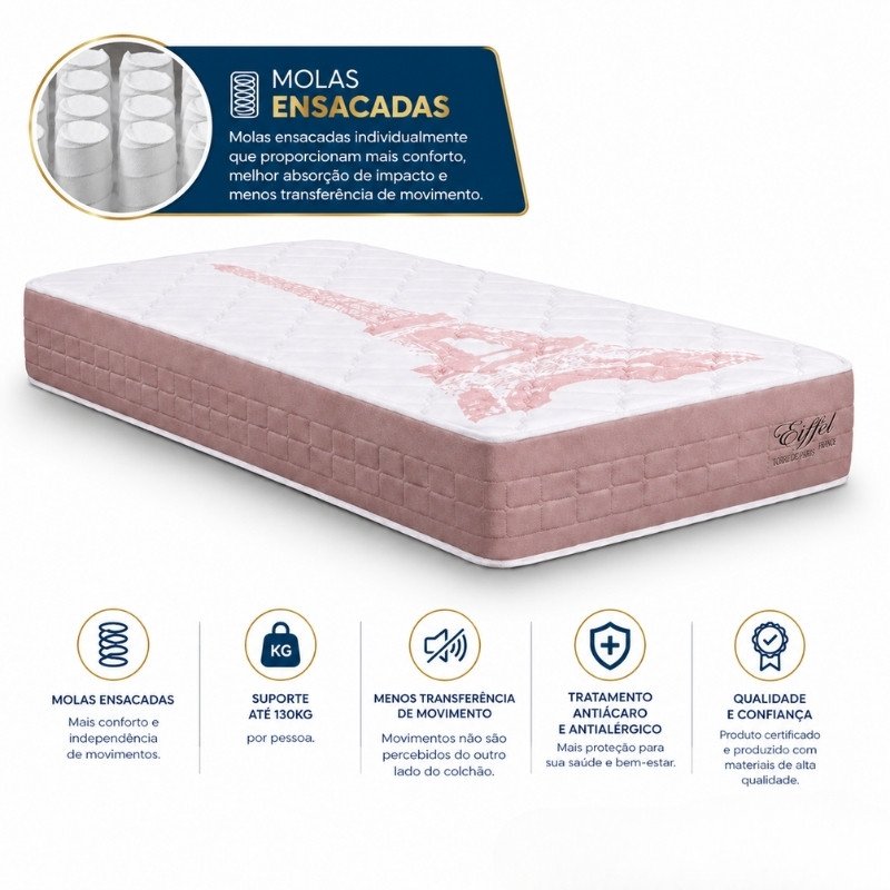 Colchão Solteiro Eiffel Molas Ensacadas Rosa Anjos + Box Solteiro Korino Marrom Ortobel 88x188x63 | Suporta até 130kg - Imagem 12