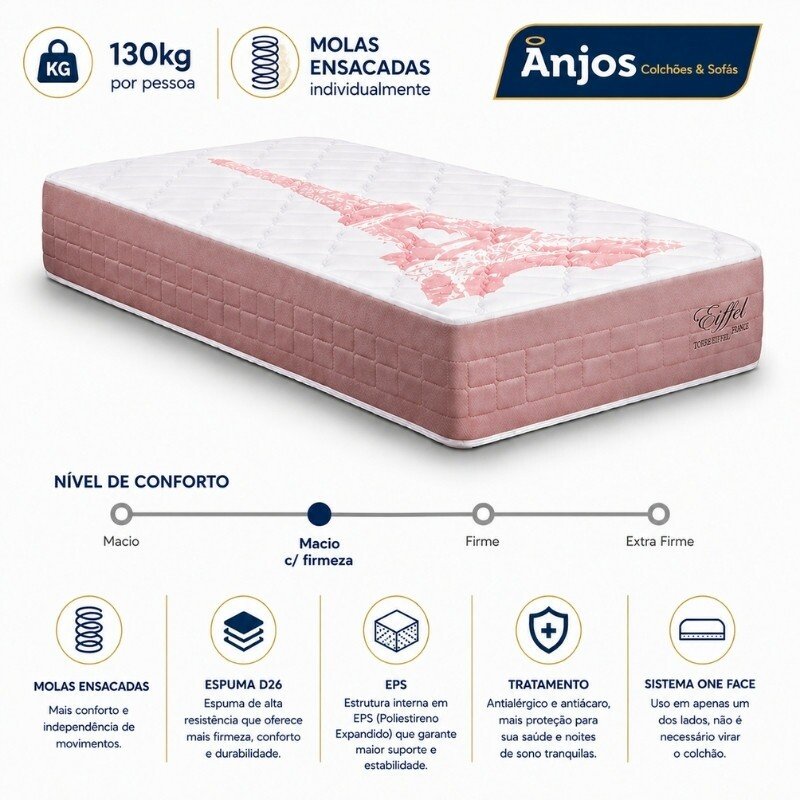 Colchão Solteiro Eiffel Molas Ensacadas Rosa Anjos + Box Solteiro Korino Marrom Ortobel 88x188x63 | Suporta até 130kg - Imagem 17