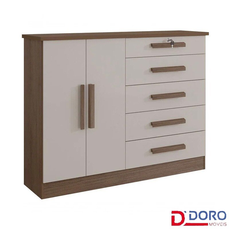 Cômoda New Athos Castanho/Off 5 Gavetas e Sapateira Larg. 1.36m - D Doro