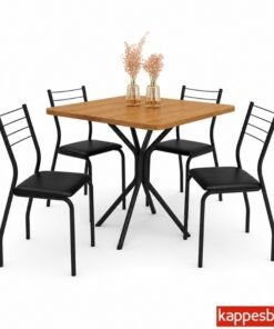 Conjunto Mesa Creta tampo Quadrado 90x90 Canela de Madeira + Base Creta Preto fosco + 4 Cad. Malta Preto Fosco Assento Courino Preto - Kappesberg