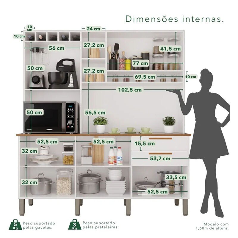 Armário Cozinha New Topázio Branco/Cinamomo 6 Portas 2 Gavetas Larg. 1.65m - Sallêto - Imagem 3