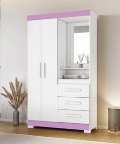 OUTLET - Roupeiro Solteiro NT 6020 Larg. 1.08m Branco/Rosa 2 portas 3 Gavetas Flex C/Pés - Notável