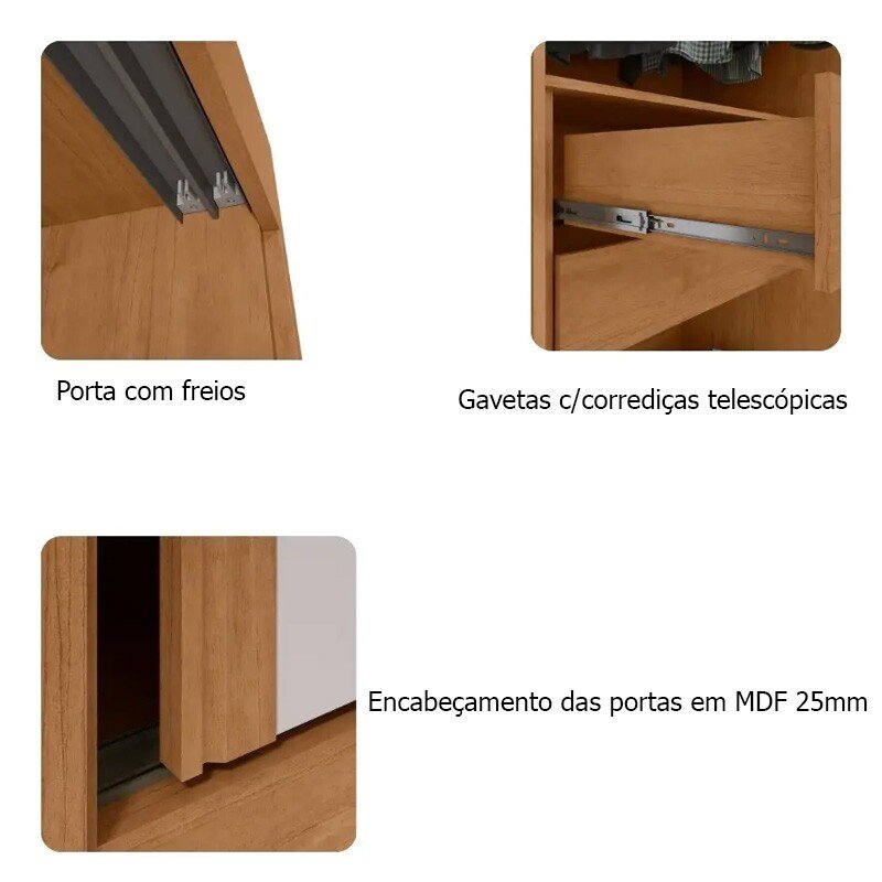 Guarda-roupa Nice Amêndoa Clean/Off White C/Espelho 3 Portas 4 Gavetas Flex Larg. 2.70m - Móveis Lopas - Imagem 8