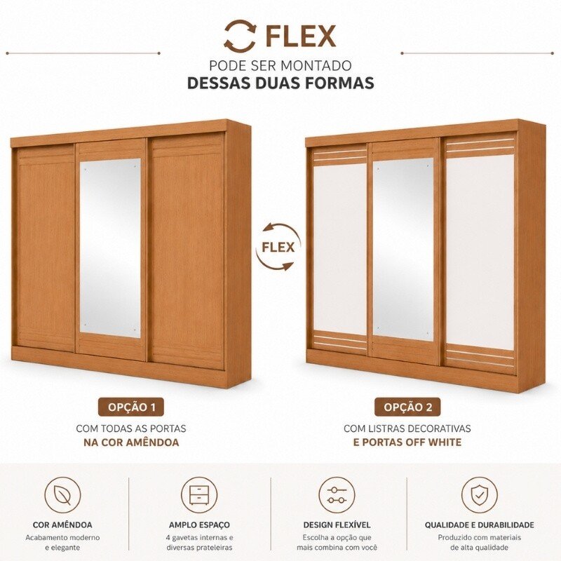Guarda-roupa Nice Amêndoa Clean/Off White C/Espelho 3 Portas 4 Gavetas Flex Larg. 2.70m - Móveis Lopas - Imagem 3