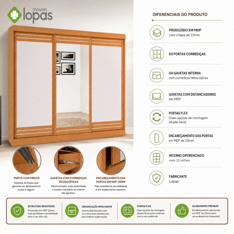 Guarda-roupa Nice Amêndoa Clean/Off White C/Espelho 3 Portas 4 Gavetas Flex Larg. 2.70m - Móveis Lopas - Imagem 6