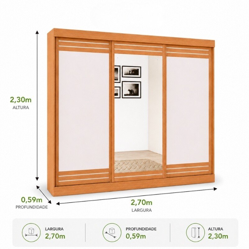 Guarda-roupa Nice Amêndoa Clean/Off White C/Espelho 3 Portas 4 Gavetas Flex Larg. 2.70m - Móveis Lopas - Imagem 7
