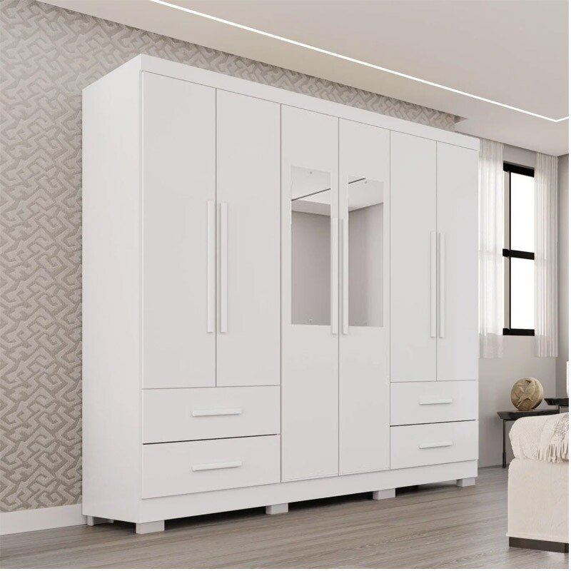Roupeiro Texas Premium 6 Portas Branco C/Espelho e Pés Larg. 1.80m - Sallêto