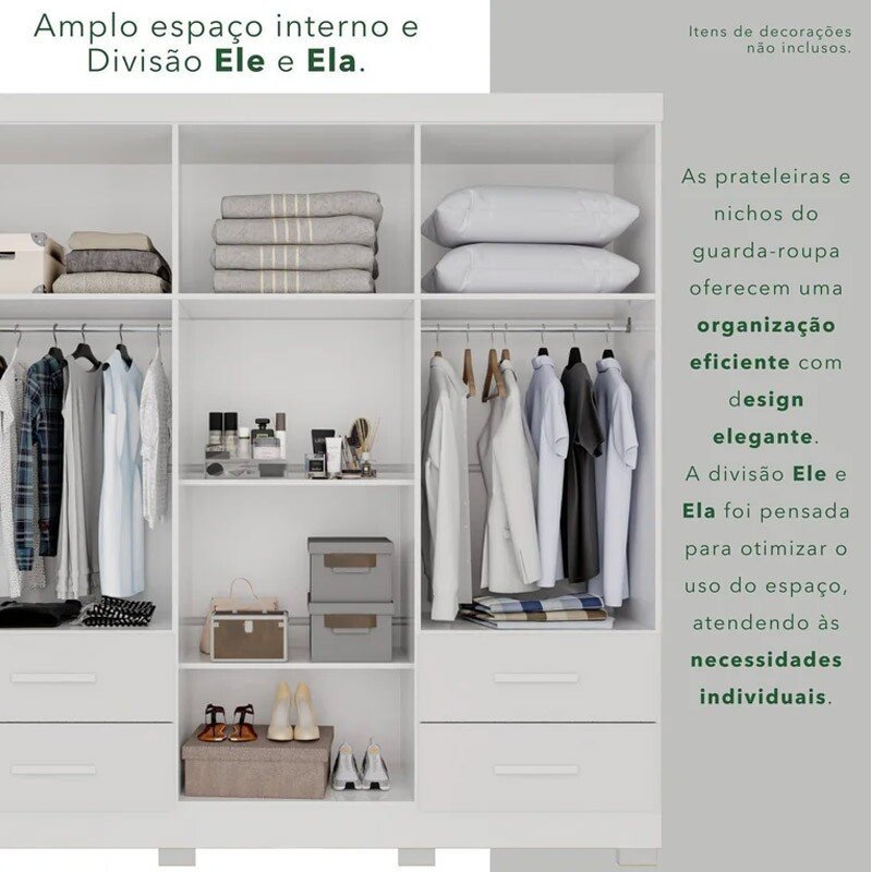 Roupeiro Texas Premium 6 Portas Branco C/Espelho e Pés Larg. 1.80m - Sallêto - Imagem 5
