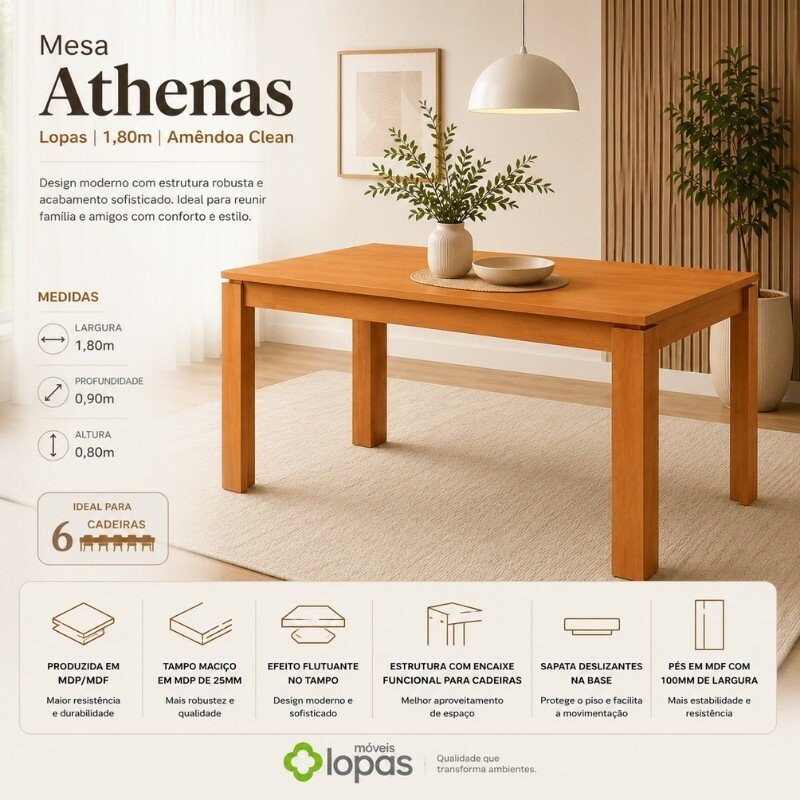 Mesa Athenas 180x90 Amêndoa Clean Tampo Maciço - Móveis Lopas - Imagem 2