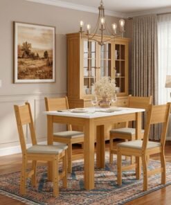 Mesa de Jantar Bellagio 108x68 Freijó UV/Tampo Off White + 4 Cad. Milano Freijó UV/Savana - Poliman