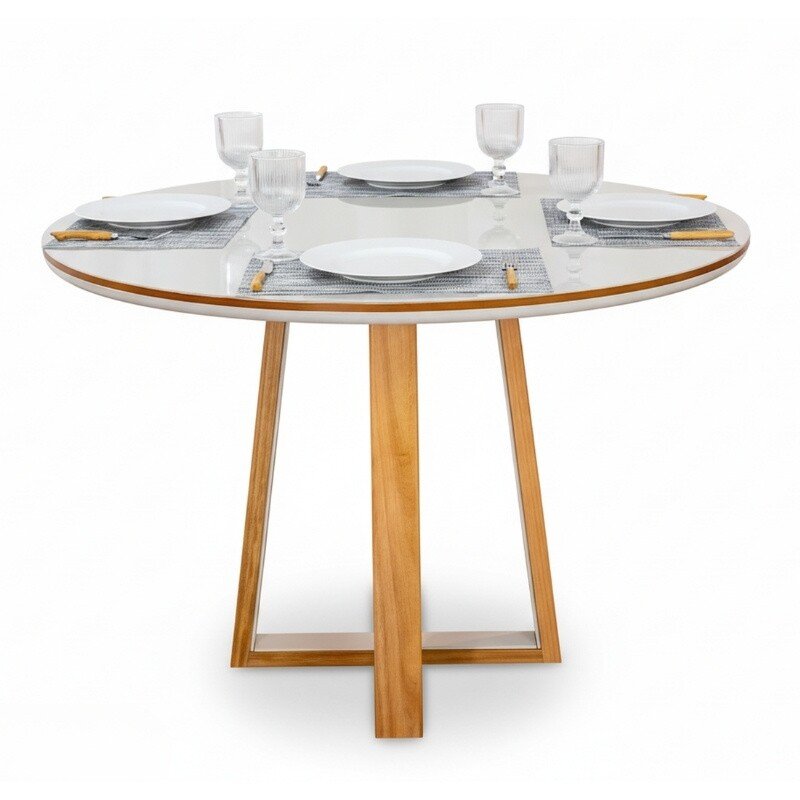 Mesa de Jantar Atlanta Redonda 120cm Vidro Off/Base Madeira - Minas Plac