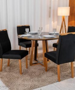 Mesa de Jantar Atlanta Redonda 120cm Vidro Preto/Base Madeira - Minas Plac + 4 Cad. Genova Veludo Preto 504 Madeira Art Assentos - Entregue Montada