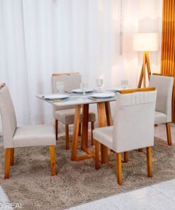 Mesa de Jantar Bali 120×80 Vidro Off/Base Madeira + 4 Cad. Atlanta Linho Bege Cru Madeira Minas Plac - Entregue Montada