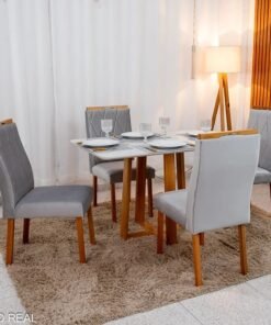 Mesa de Jantar Bali 120x80 Vidro Off/Base Madeira Minas Plac + 4 Cad. Lisboa Veludo Prata 514 Madeira Art Assento - Entregue Montada