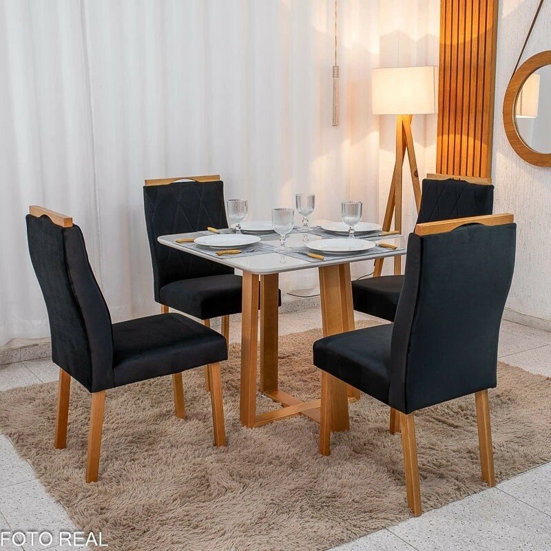 Mesa de Jantar Bali 90x90 Vidro Off/Base Madeira Minas Plac + 4 Cad. Lisboa Veludo Preto 504 Madeira Art Assento - Entregue Montada - Imagem 3
