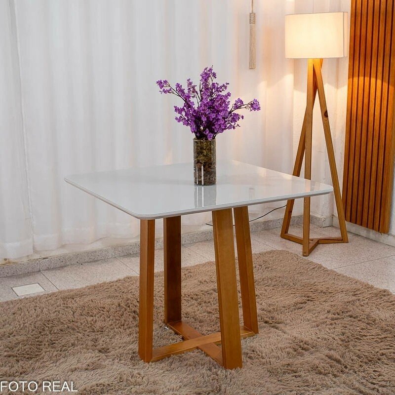 Mesa de Jantar Bali 90x90 Vidro Off/Base Madeira Minas Plac + 4 Cad. Lisboa Veludo Preto 504 Madeira Art Assento - Entregue Montada - Imagem 7