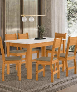 Mesa de Jantar Bellagio 150x80 Freijó UV/Tampo Off White + 6 Cad. Milano Freijó UV/Savana - Poliman