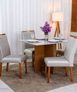 Mesa de Jantar Helo 120×90 Vidro Off/Base Mel Poliman + 4 Cad. Genova Veludo Bege 512 Madeira - Art Assento