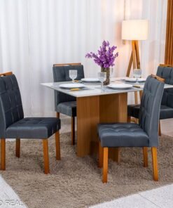Mesa de Jantar Helo 120×90 Vidro Off/Base Mel Poliman + 4 Cad. Londres Veludo Chumbo Madeira - Minas Plac
