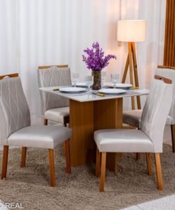 Mesa de Jantar Helo 90×90 Vidro Off/Base Freijó Poliman + 4 Cad. Lisboa Veludo Bege 512 Madeira - Art Assento