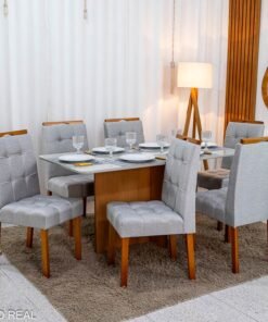Mesa de Jantar Moscou 160x80 Vidro Off/Base Cinamomo + 6 Cad. Londres Linho Prata Madeira Minas Plac - Entregue Montada