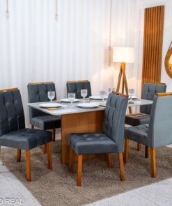 Mesa de Jantar Moscou 160x80 Vidro Off/Base Cinamomo + 6 Cad. Londres Veludo Chumbo Madeira Minas Plac - Entregue Montada