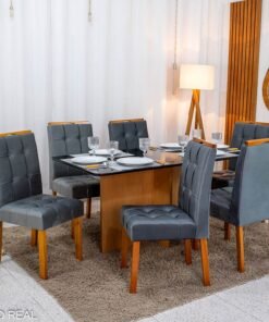Mesa de Jantar Moscou 160x80 Vidro Preto/Base Cinamomo + 6 Cad. Londres Veludo Chumbo Madeira Minas Plac - Entregue Montada