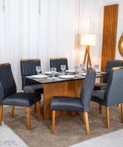 Mesa de Jantar Moscou 160x80 Vidro Preto/Base Cinamomo - Minas Plac + 6 Cad. Genova Veludo Cinza 507 Madeira Art Assentos - Entregue Montada