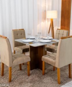 Mesa de Jantar Moscou 90x90 Vidro Off/Base Cinamomo + 4 Cad. Londres Veludo Avelã Madeira Minas Plac - Entregue Montada