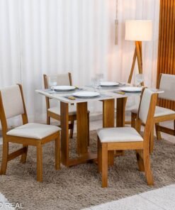 Mesa de Jantar Noor Mel 120×80 Tampo Off + 4 Cad. Sol Linho Bronze Assento Bege - Viero