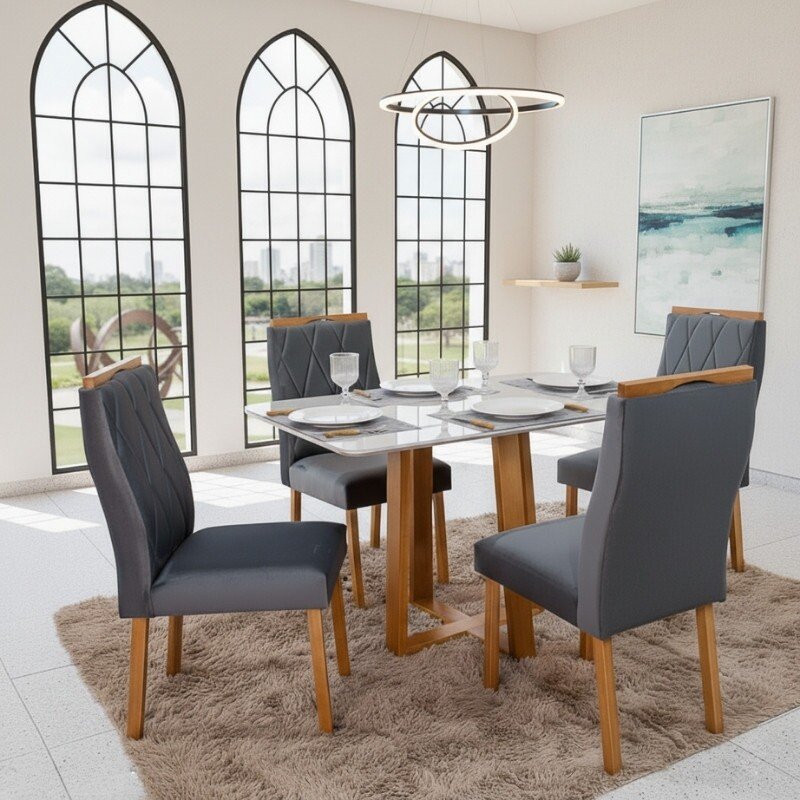 Mesa de Jantar Pedro 120×80 Vidro Off/Base Madeira + 4 Cad. Lisboa Veludo Cinza 507 Madeira Art Assento - Entregue Montada