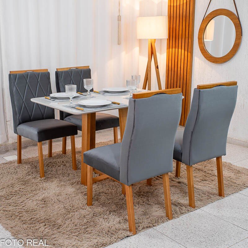 Mesa de Jantar Pedro 120×80 Vidro Off/Base Madeira + 4 Cad. Lisboa Veludo Cinza 507 Madeira Art Assento - Entregue Montada - Imagem 3