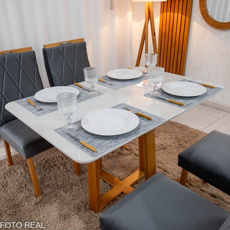 Mesa de Jantar Pedro 120×80 Vidro Off/Base Madeira + 4 Cad. Lisboa Veludo Cinza 507 Madeira Art Assento - Entregue Montada - Imagem 4