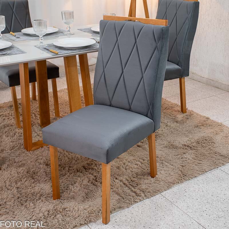 Mesa de Jantar Pedro 120×80 Vidro Off/Base Madeira + 4 Cad. Lisboa Veludo Cinza 507 Madeira Art Assento - Entregue Montada - Imagem 5