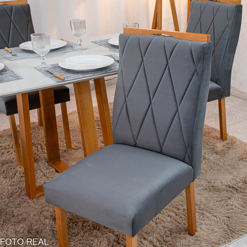 Mesa de Jantar Pedro 120×80 Vidro Off/Base Madeira + 4 Cad. Lisboa Veludo Cinza 507 Madeira Art Assento - Entregue Montada - Imagem 6