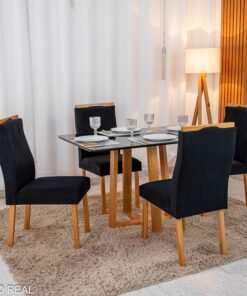 Mesa de Jantar Pedro 120×80 Vidro Preto/Base madeira + 4 Cad. Lisboa Veludo Preto 504 Madeira Art Assento - Entregue Montada